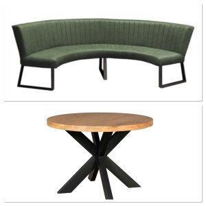 Eetkamerbank rond groen 130cm met tafel rond 130cm direct leverbaar